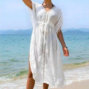 NEW White Tassel Trim Belted Bathing Suit Cover Up Size Medium